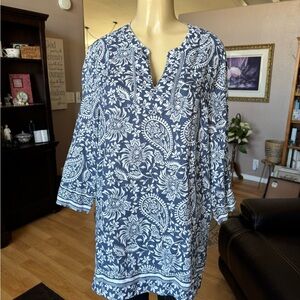 Sigrid Olsen blue & white LINEN paisley blouse-size XL